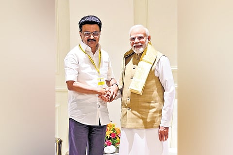 Tamil Nadu Chief Minister MK Stalin with PM Modi after Niti Aayog meeting