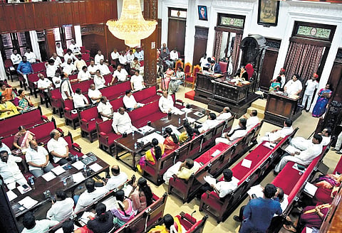 Mayor R Priya presiding over the corporation council meeting on Wednesday