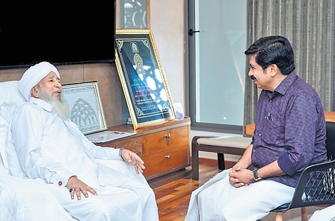 UDF candidate in Nilambur, Aryadan Shoukath, meets Indian Grand Mufti Kanthapuram A P Aboobacker Musaliyar on Wednesday