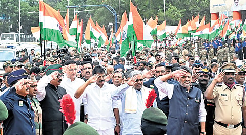 AICC general secretaries Randeep Singh Surjewala and KC Venugopal, CM Siddaramaiah and DyCM DK Shivakumar take part in ‘Jai Hind Sabha’ programme organised by the Congress in Bengaluru on Wednesday.