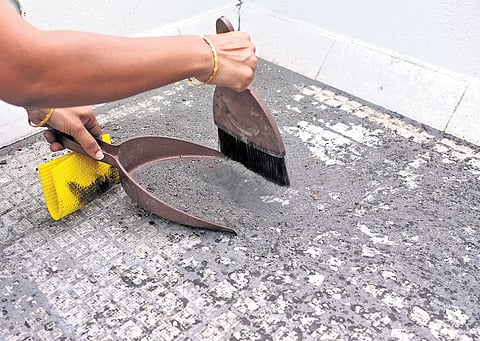 A resident cleaning the dust from the terrace of her house at Sathyavani Muthu Nagar near Ennore