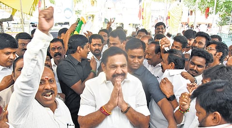 AIADMK general secretary Edappadi K Palaniswami arriving at the AIADMK party office at Royapettah in Chennai on Friday