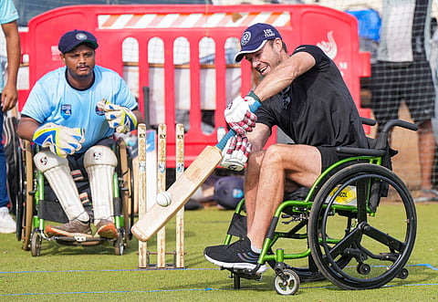 Former South African cricketer AB de Villiers during an interaction with the wheelchair cricket team, in Mumbai, Saturday, May 31, 2025.