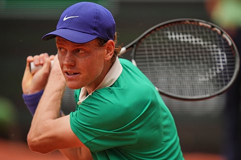 Italy's Jannik Sinner returns the ball to Jiri Lehecka of the Czech Republic during their third round match at the French Open at the Roland-Garros stadium in Paris (Photo | AP)
