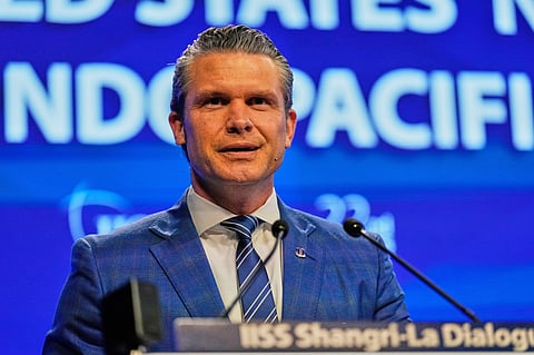 U.S. Defense Secretary Pete Hegseth delivers his speech during 22nd Shangri-La Dialogue summit in Singapore,