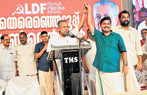 Chief Minister Pinarayi Vijayan endorses LDF candidate M Swaraj during the LDF election convention at Kodathipadi in Nilambur on Sunday.
