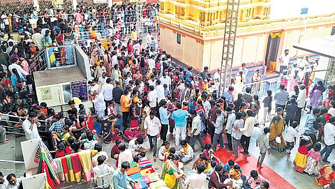 Devotees flock to the Gnana Saraswathi Devi temple at Basara in Nirmal district for Aksharabhyasam of their children on Sunday.