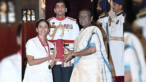 K Alamelu Mangayarkarasi (40), a staff nurse at the Srivilliputhur Government Hospital was honoured with the prestigious Florence Nightingale award 2025 by President Droupadi Murmu on Friday.