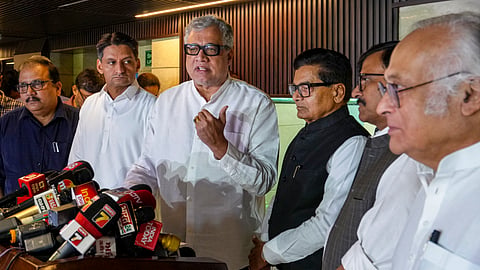 From left to right, INDIA bloc leaders RJD's Manoj Jha, Congress leader Deepender Hooda, TMC'ss Derek O'Brien, Samajwadi Party MP Ramgopal Yadav, Shiv Sena (UBT) MP Sanjay Raut and Congress MP Jairam Ramesh address a press conference demanding a special session of Parliament to discuss developments following the Pahalgam terror attack, in New Delhi, Tuesday, June 3, 2025.