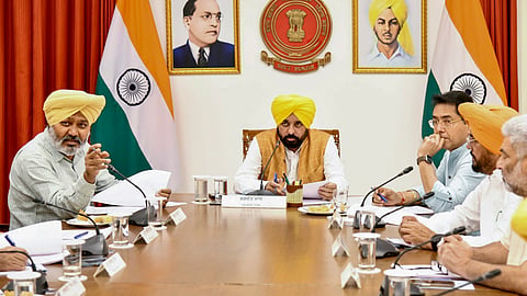 Punjab Chief Minister Bhagwant Mann during a cabinet meeting, in Chandigarh.