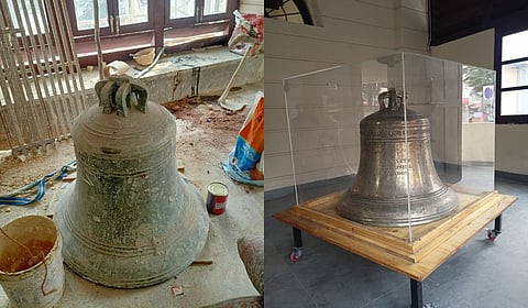 The bell before (L) and after restoration.