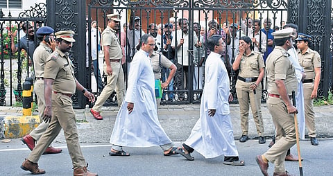 Police barricade the gate of St Mary’s Cathedral Basilica on Thursday where a meeting was held with the dissident priests who were suspended from their posts in various parishes