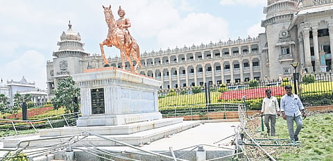 The steel railing around the Nadaprabhu Kemegowda statue lies completly damaged, after Royal Challengers Bengaluru fans gathered in large numbers outside Vidhana Soudha