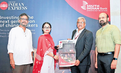 Ernakulam Assistant Collector Parvathy Gopakumar receives a packet of seeds from Sony A, SGM and CIO of South Indian Bank, as part of the ExSeed initiative on the occasion of World Enivironment Day on Thursday. Kiran Prakash, Resident Editor (Kerala), The New Indian Express, and Vishnu Nair, General Manager (Kerala) and National Head (Special Projects), TNIE, are also seen