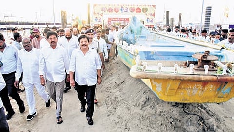 Ministers Kollu Ravindra and Kandula Durgesh take part in Masula Beach Festival in Machilipatnam on Thursday