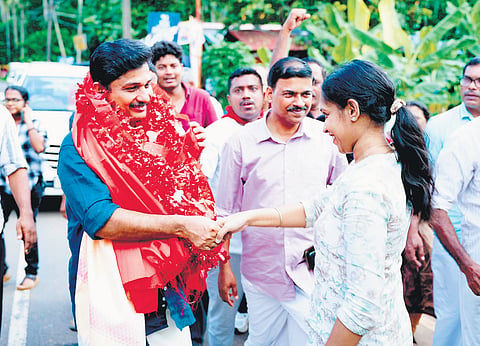 LDF candidate M Swaraj campaigning at Chungathara in Nilambur