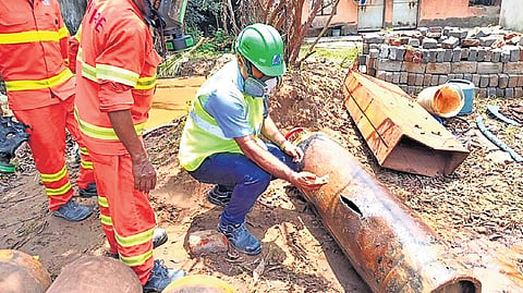 A damaged ammonia gas cylinder at the ice factory in Paradipgarh.