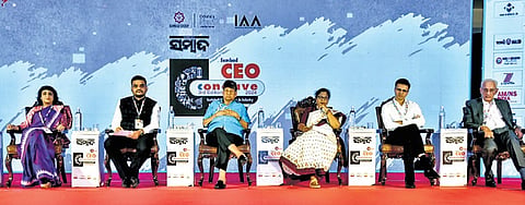 Speaker Surama Padhy, Industries minister Sampad Chandra Swain, Eastern Media Limited chairman Soumya Ranjan Patnaik and other delegates at the event