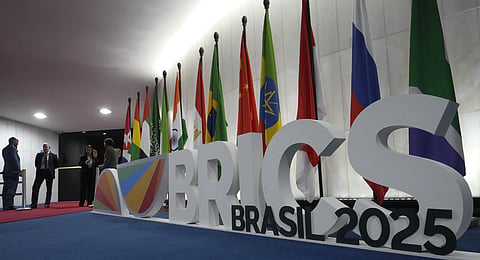 A sign announcing the 11th BRICS Parliamentary Forum stands at the entrance to the Federal Senate in Brasilia, Brazil, Wednesday, June 4, 2025