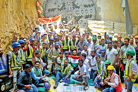 DMRC officials and workers celebrate after tunnelling breakthrough in Tughlakabad area on the Delhi Aerocity-Tughlakabad corridor on Saturday | Sayantan Ghosh