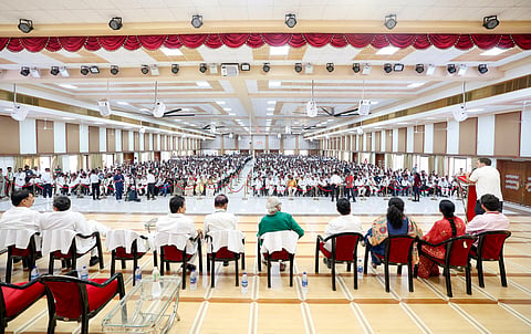 In this April 16, 2025, image, Lok Sabha LoP and Congress MP Rahul Gandhi speaks during the District Workers' Conference in Modasa, Gujarat.