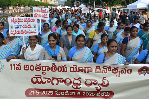 Citizens of Vijayawada, Anganwadi workers and others take part in Yogandhra rally on Monday.