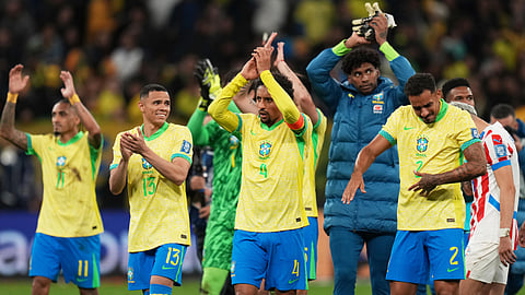 Brazil's players celebrate at the end of a World Cup 2026 qualifying soccer match against Paraguay at Neo Quimica Arena in Sao Paulo, Tuesday, June 10, 2025. Brazil won 1-0.