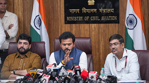 Union Civil Aviation Minister Ram Mohan Naidu Kinjarapu, along with Samir Kumar Sinha, Secretary of the Ministry of Civil Aviation, addressing a press briefing on Saturday, June 14, 2025.