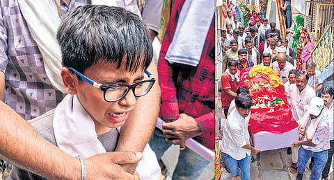 Mandip, son of Ranvirsinh Chavda and Chetna Chavda, both of whom died in the Ahmedabad crash, mourns in front of parents’ remains .