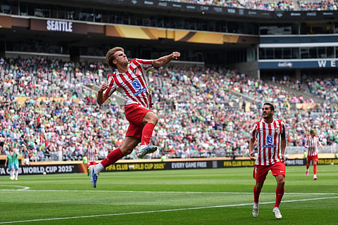 Atletico Madrid's Pablo Barrios celebrates scoring his side's opening goal during the Club World Cup group B soccer match between Seattle Sounders and Atletico Madrid in Seattle, Thursday, June 19, 2025.