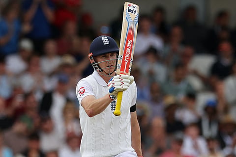 Harry Brook reacts to his fifty in the test match against India. He later went on to score 99 runs