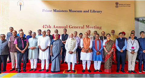 In this image via PMO on June 23, 2025, Prime Minister Narendra Modi during a group photo at the 47th Annual General Meeting of the Prime Ministers' Museum and Library Society, in New Delhi.