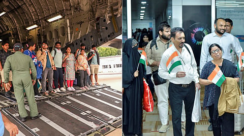 Indian nationals evacuated under Operation Sindhu: (L) Evacuees from Israel arrive in New Delhi aboard an IAF C-17 flight from Amman, Jordan; (R) Evacuees from Iran return on a special flight from Mashhad.