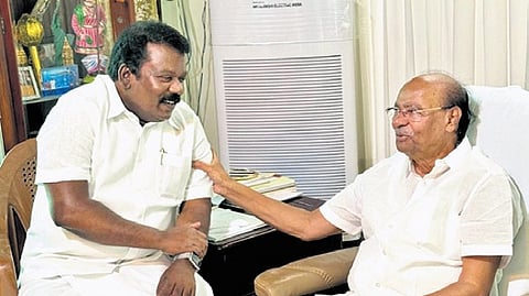 TNCC president Selvaperunthagai with PMK founder S Ramadoss at his residence on Friday