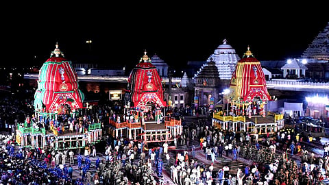 The three chariots parked in front of Shree Jagannath Temple in Puri on Thursday, a day ahead of Rath Yatra
