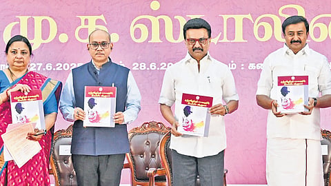 Chief Minister MK Stalin and other dignitaries at the launch of the ‘Centenary Seminar on Muthamizharignar Kalaignar M Karunanidhi’ in Chennai