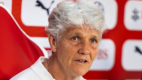 Switzerland's head coach Pia Sundhage talks to the media during a press conference Monday, June 2, 2025, ahead of a the UEFA Women's Nations League soccer match against Norway in Sion, Switzerland.