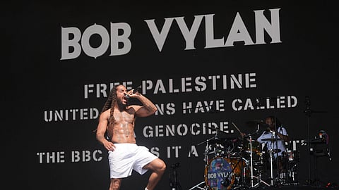 Rapper Bob Vylan performs on the West Holts Stage, during the Glastonbury Festival at Worthy Farm in Somerset. England, Saturday, June 28, 2025.