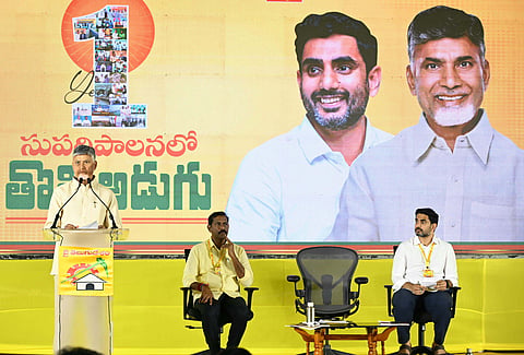 TDP supremo Nara Chandrababu Naidu during meeting with partys cadre at Central Party office in Mangalagiri on Sunday.