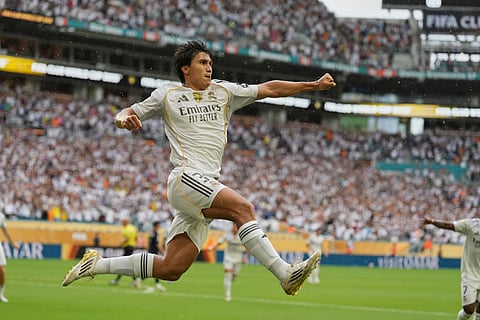 Real Madrid's Gonzalo Garcia celebrates after scoring during the Club World Cup round of 16 soccer match between Real Madrid and Juventus in Miami Gardens, Fla., Tuesday, July 1, 2025.