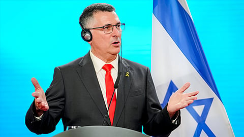 Israel Foreign Minister Gideon Saar gestures as he speaks during a joint press conference after talks at the Federal Foreign Office in Berlin, Germany, June 5, 2025.