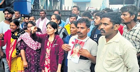 Family members of the workers stage a protest in front of Sigachi factory on Wednesday evening.