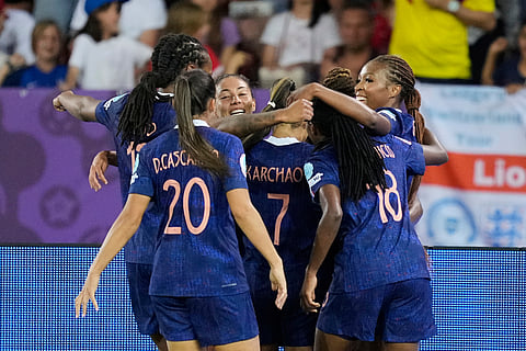 France players celebrate after Sandy Baltimore scored their second goal during the Euro 2025, group D, soccer match between France and England at Stadion Letzigrund in Zurich, Switzerland, Saturday, July 5, 2025.