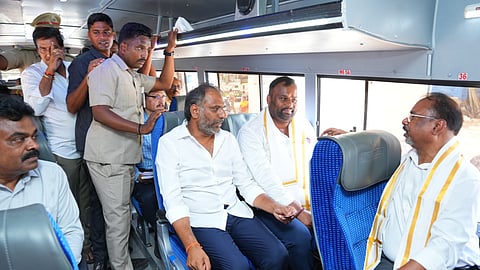 Ministers Gottipati Ravi Kumar and Mandipalli Ramprasad Reddy flagged off 12 new RTC buses from Addanki in Bapatla district on Tuesday.