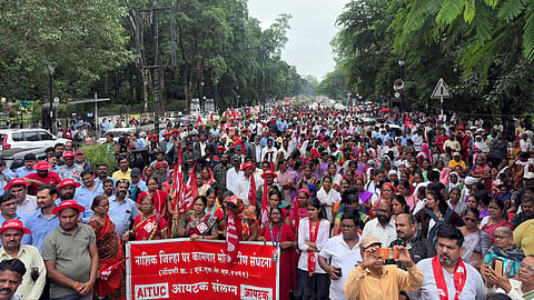 Protesting workers in Nasik, Maharashtra, on July 9, 2025.