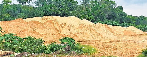 Sand illegally stacked on the embankment of Mahanadi river near Jagatpur
