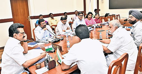 Chief Minister MK Stalin taking part in a review meeting on Friday.