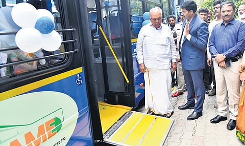 All the 148 new e-buses will have ramps for the differently-abled. Transport Minister Ramalinga Reddy checks out one after flagging off the buses on Friday