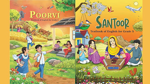 NCERT books 'Poorvi' for grade 8 and 'Santoor' for grade 5.