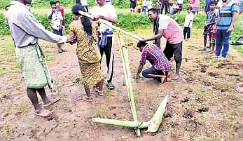 A couple being forced to plough land at Kanjamajodi village in Rayagada